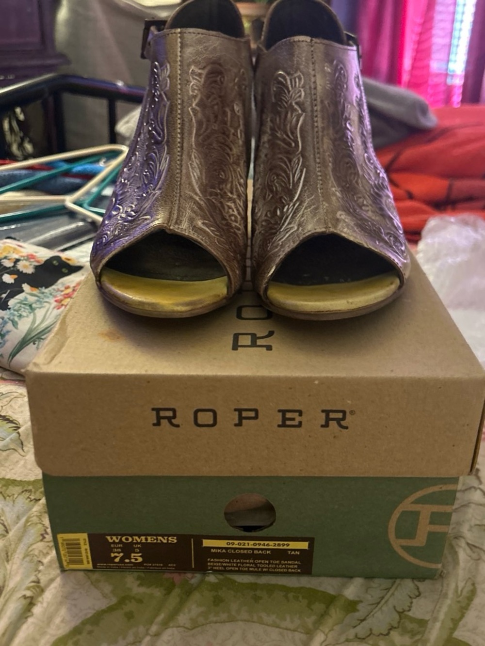 Roper Women's Tan Peep-Toe Embossed Mules